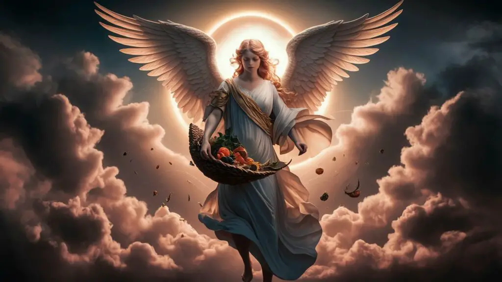 Angel with wings holding basket of fruits, sky background.