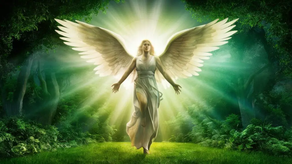 Angel with glowing wings in a mystical forest