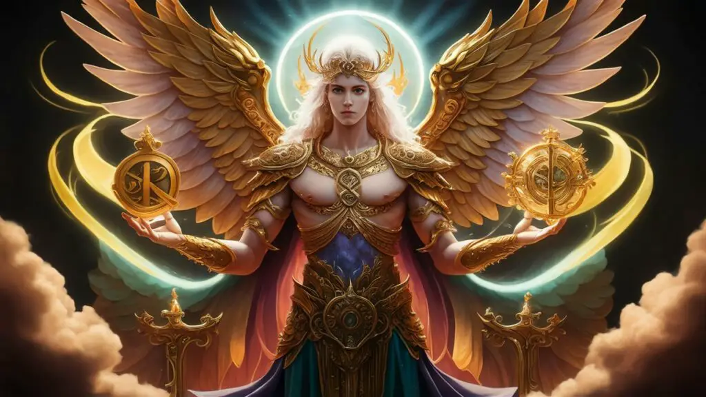 Fantasy angel with golden wings and halo.