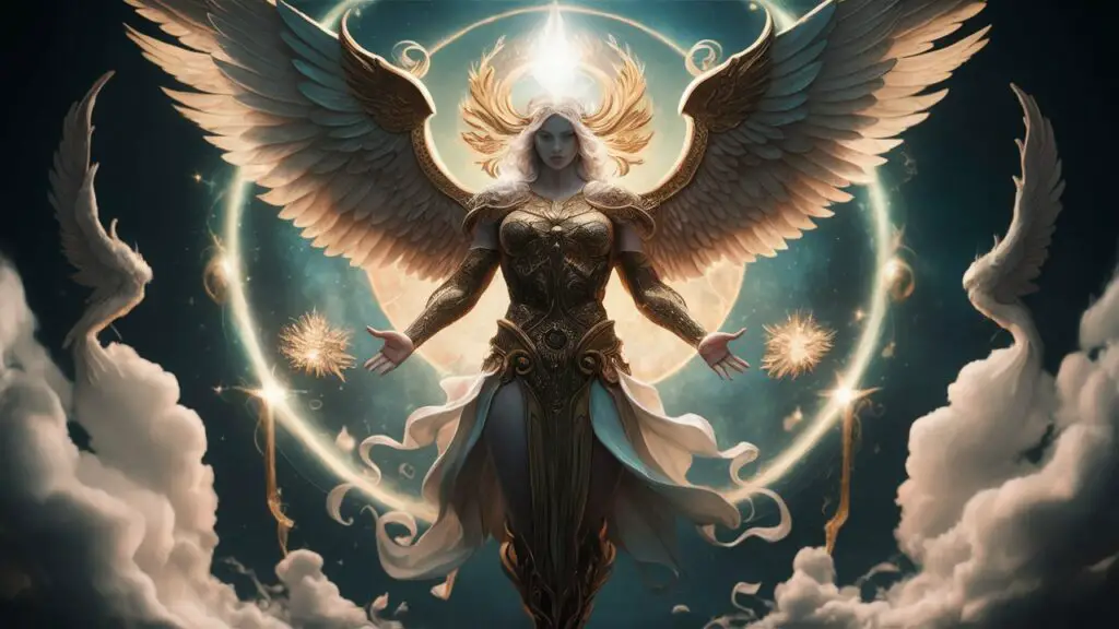 Fantasy angel with wings in golden light