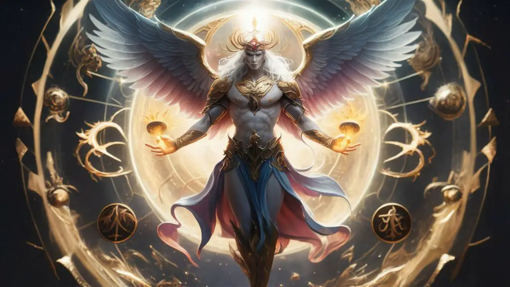 Angelic warrior with wings and glowing light