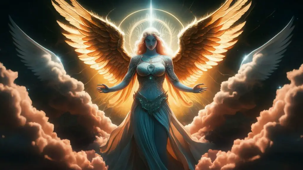 Majestic angel with glowing wings in the sky