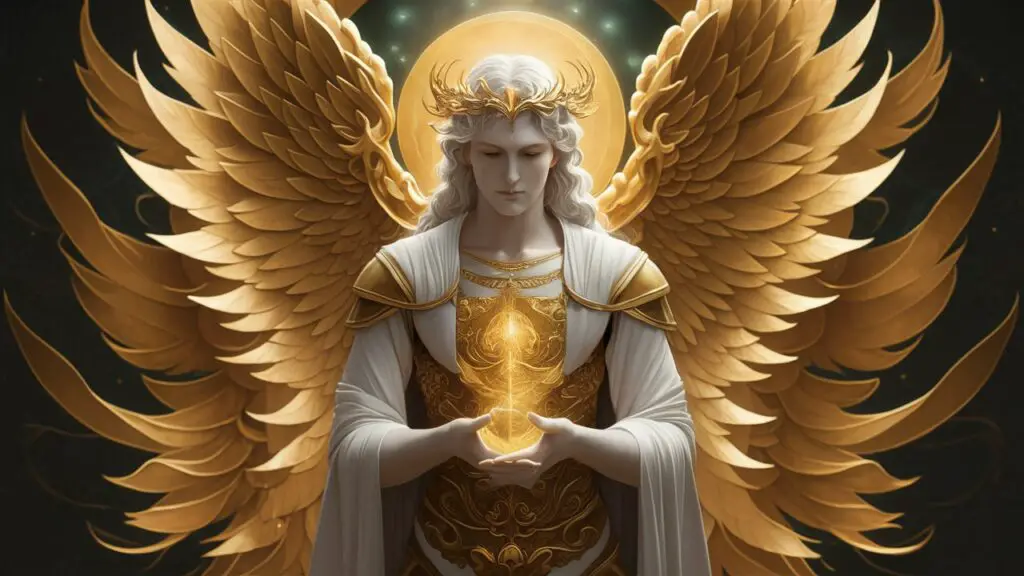 Golden angel holding glowing orb