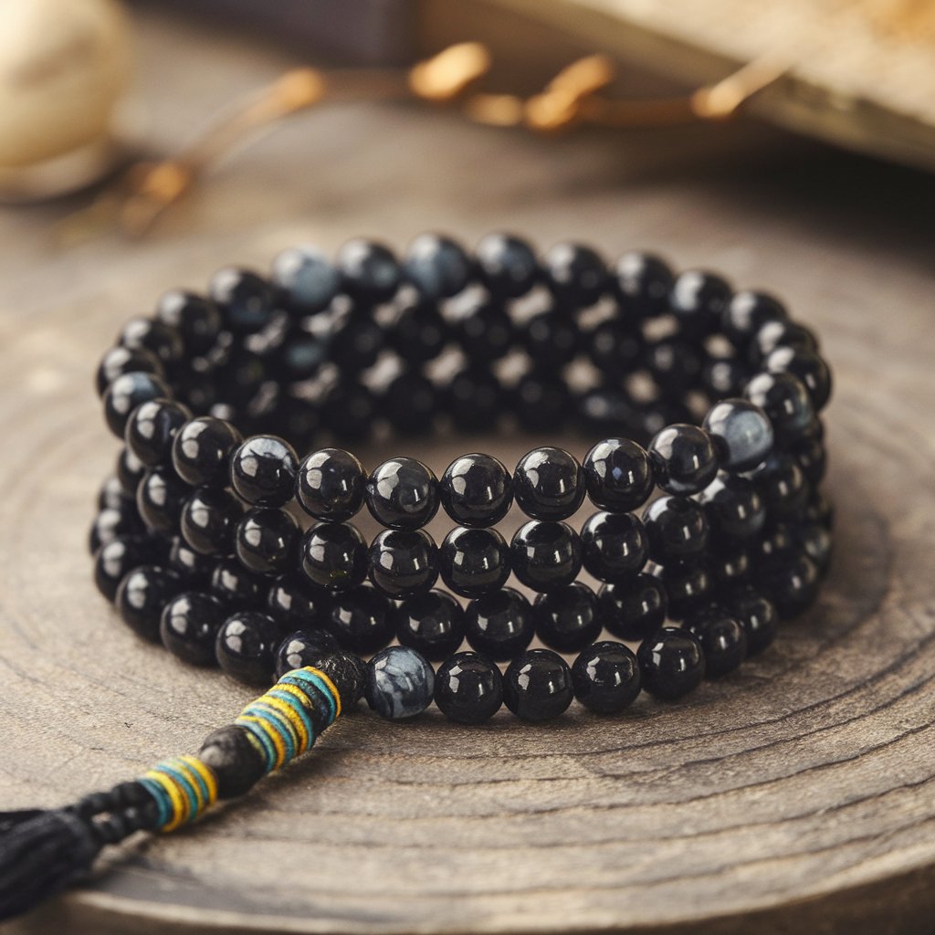 Black beaded bracelet on wooden surface.