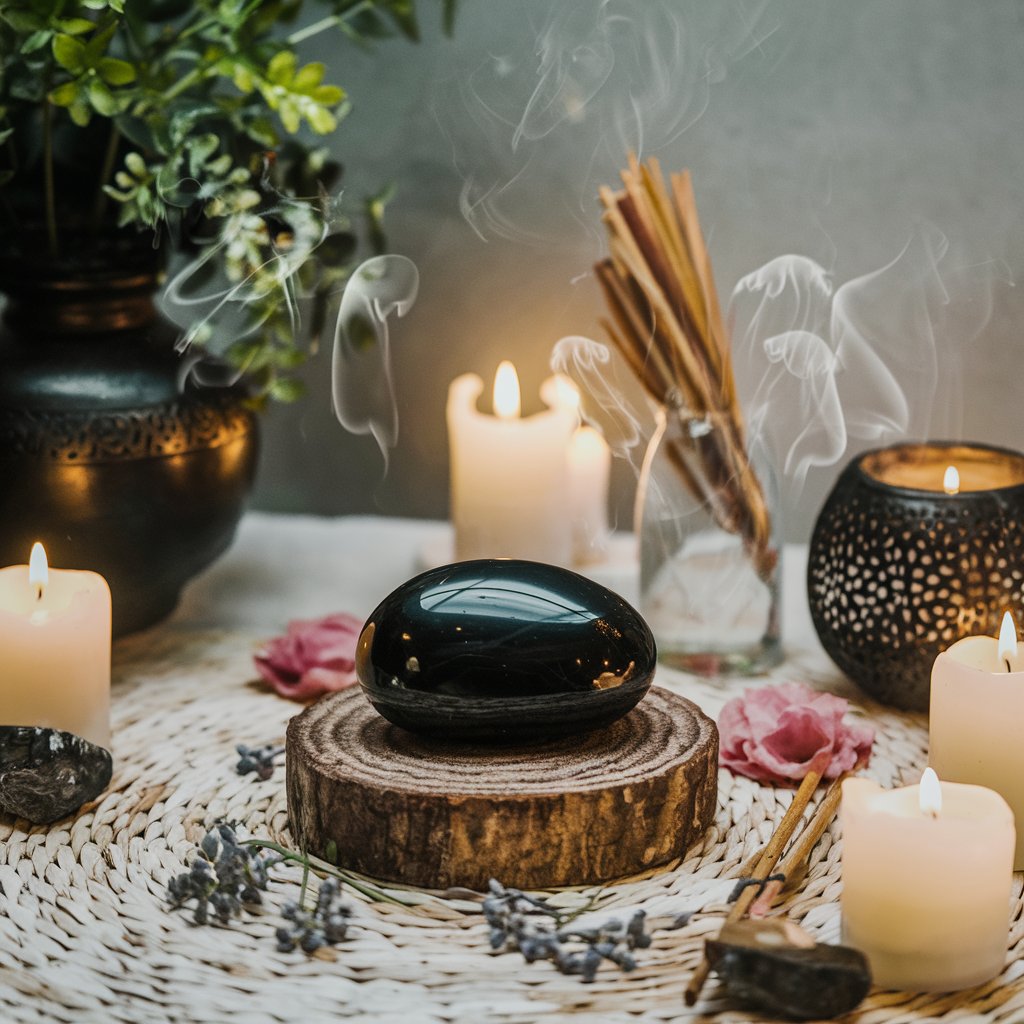 Spa setting with candles and relaxation stones