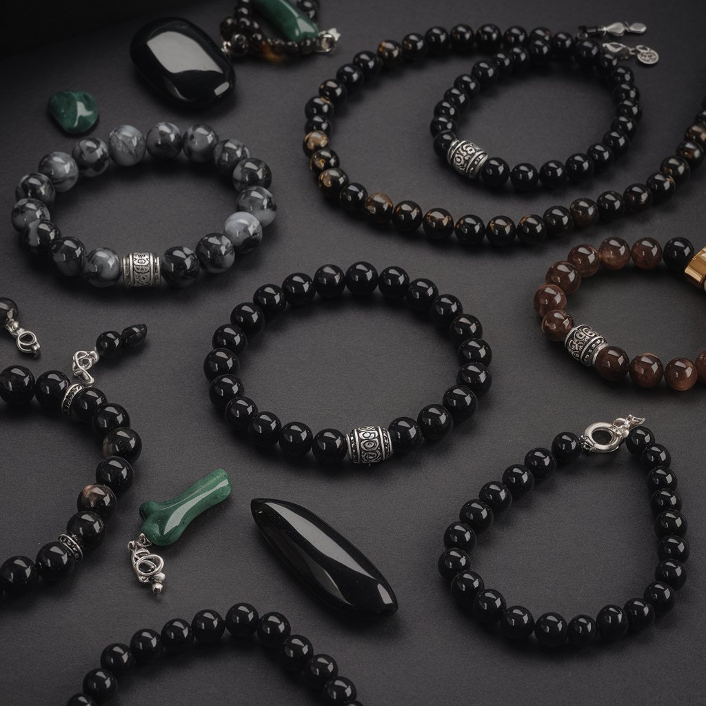 Elegant black gemstone bracelets and jewelry on display.