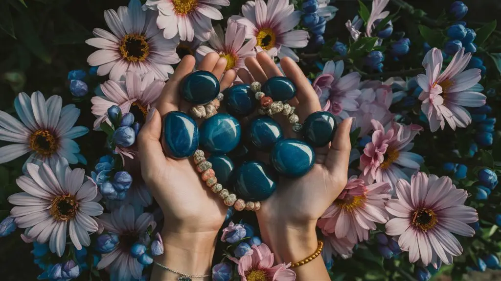 Hands holding blue gemstones with flowers