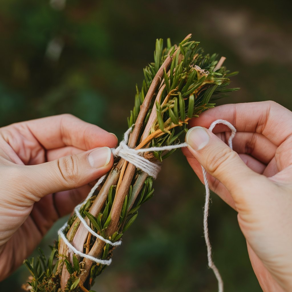 Hands tying herbs with string