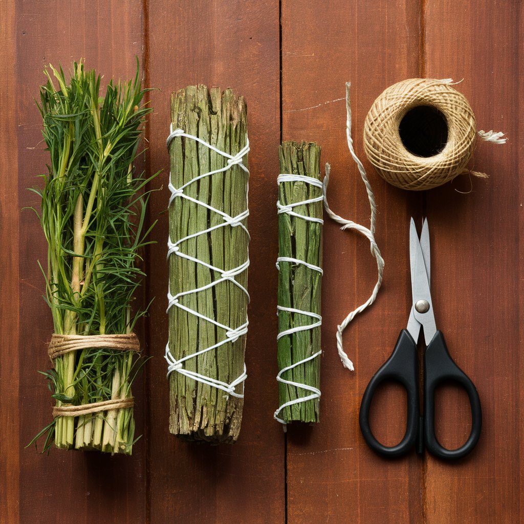 Herbs, twine, and scissors on wooden surface.