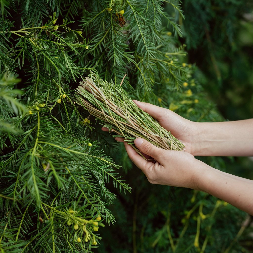 Hands holding herbal plant foliage.