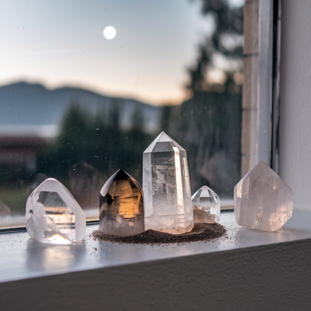 Crystal stones on windowsill at dawn.