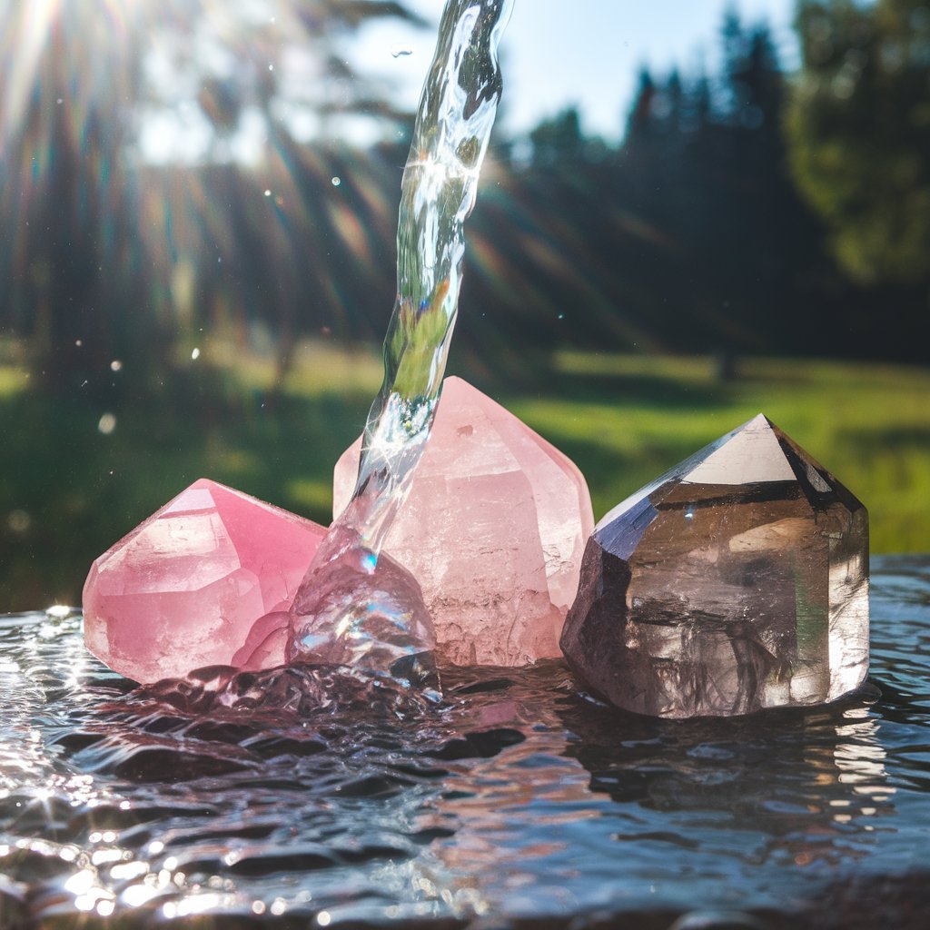 Water pouring over colorful crystals outdoors.