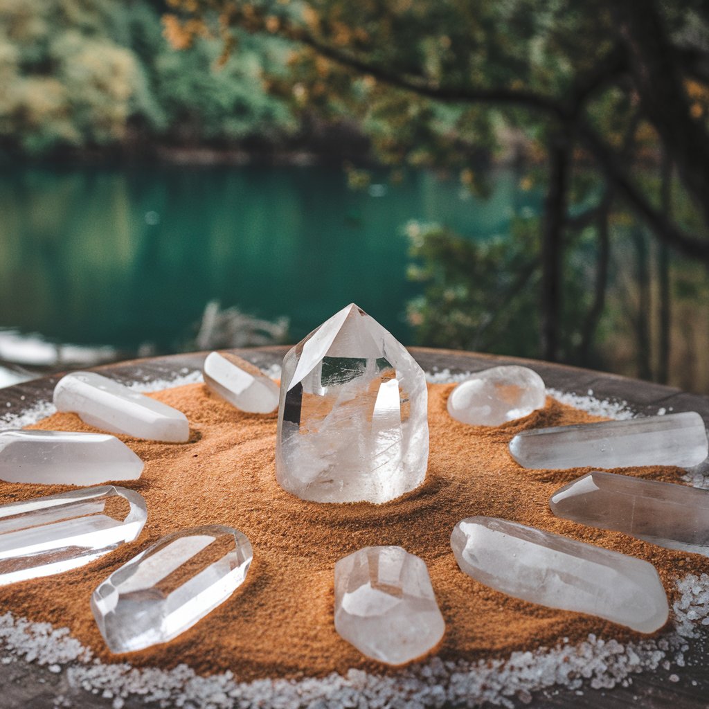 Crystal gemstones on sand by a lake.