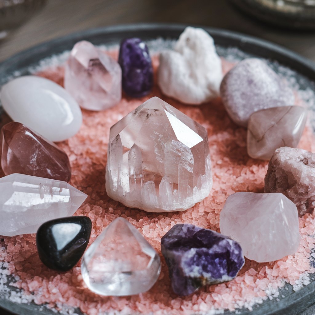 Various crystals on pink salt bed.