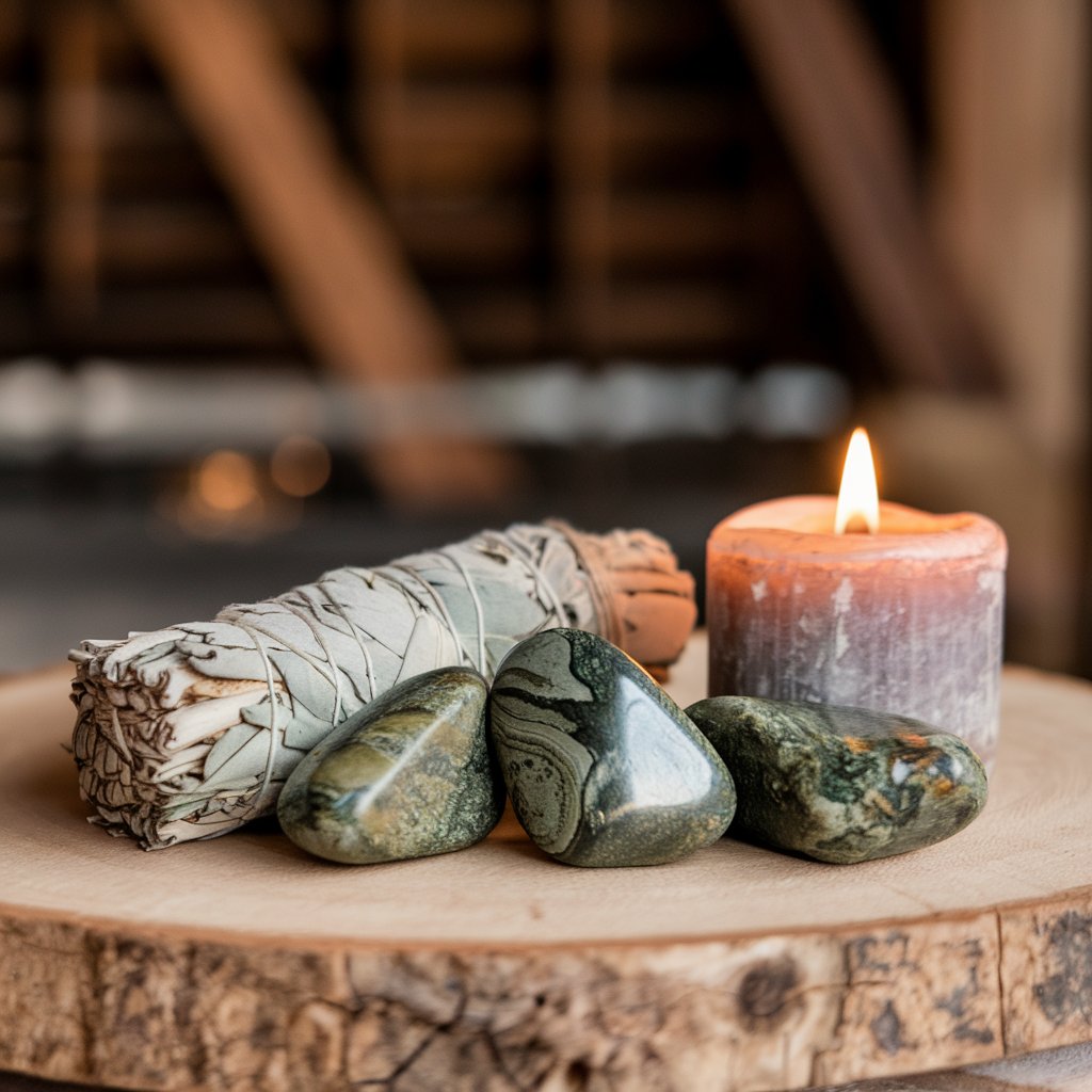 Candle, stones, and sage bundle on wooden surface.