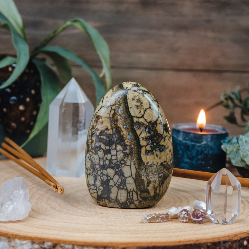 Crystal stones with candle and plants.