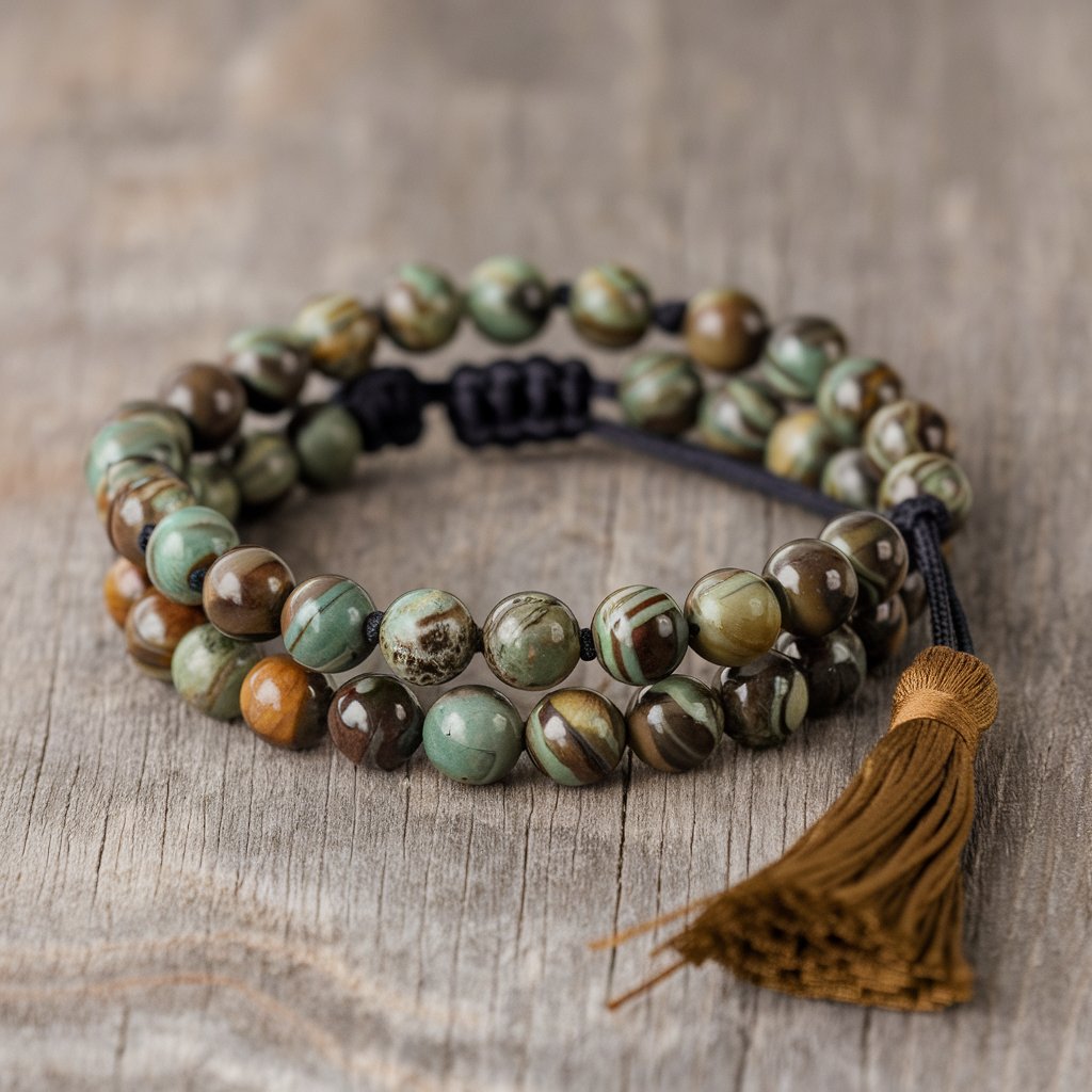 Green and brown stone beaded bracelet with tassel