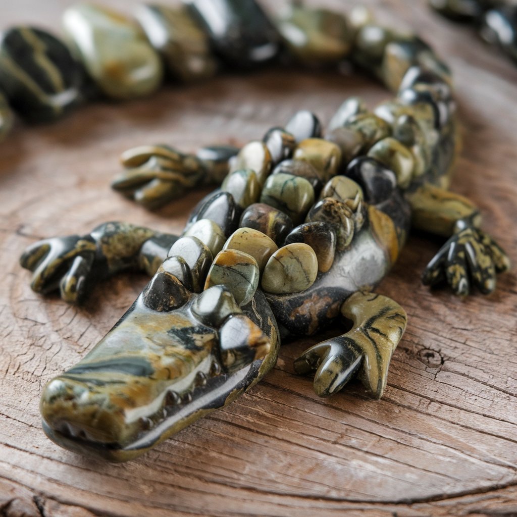 Stone crocodile sculpture on wooden background.