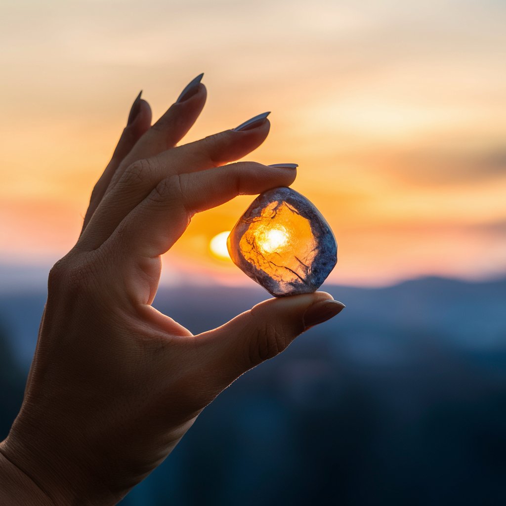 Hand holding stone with sunset in background