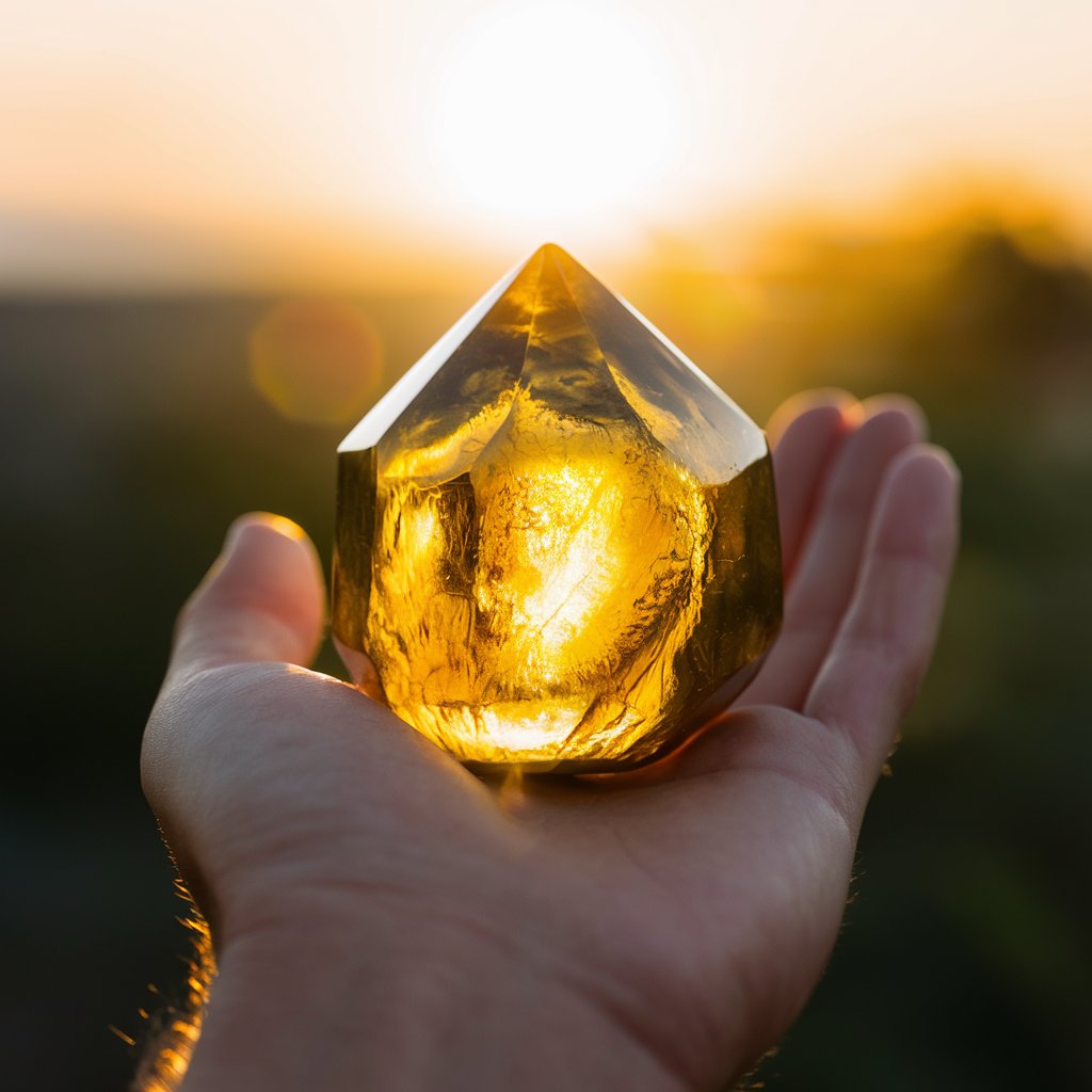 Hand holding a glowing crystal at sunset.