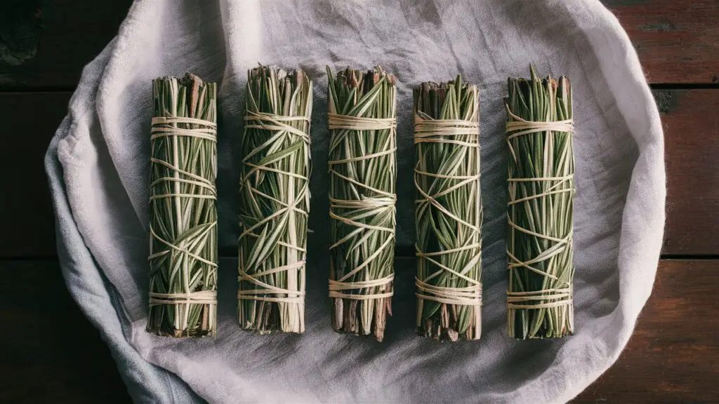 Five bundles of herbs on cloth.