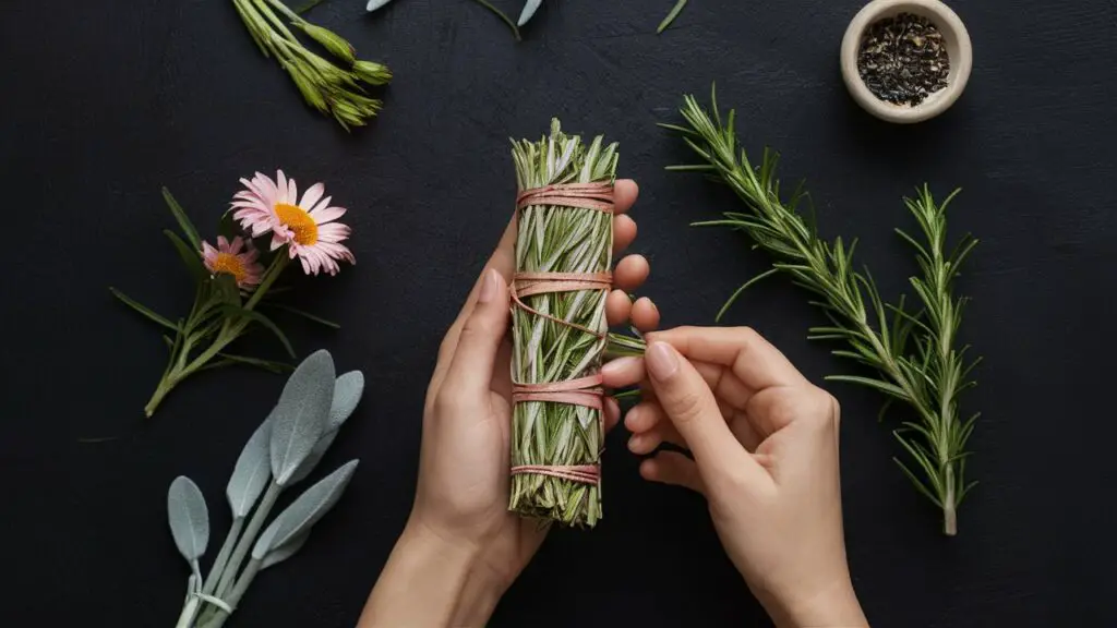 Hands holding herbs with flowers and leaves