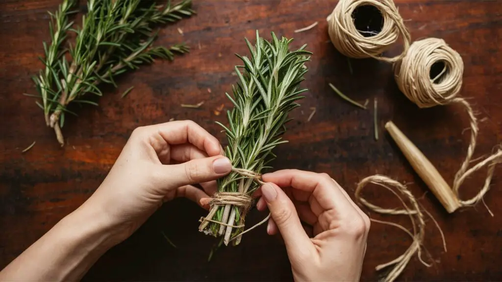 Hands tying fresh rosemary with twine