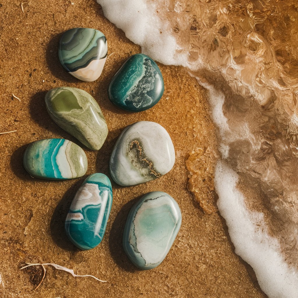 Polished stones on sandy beach near ocean waves.