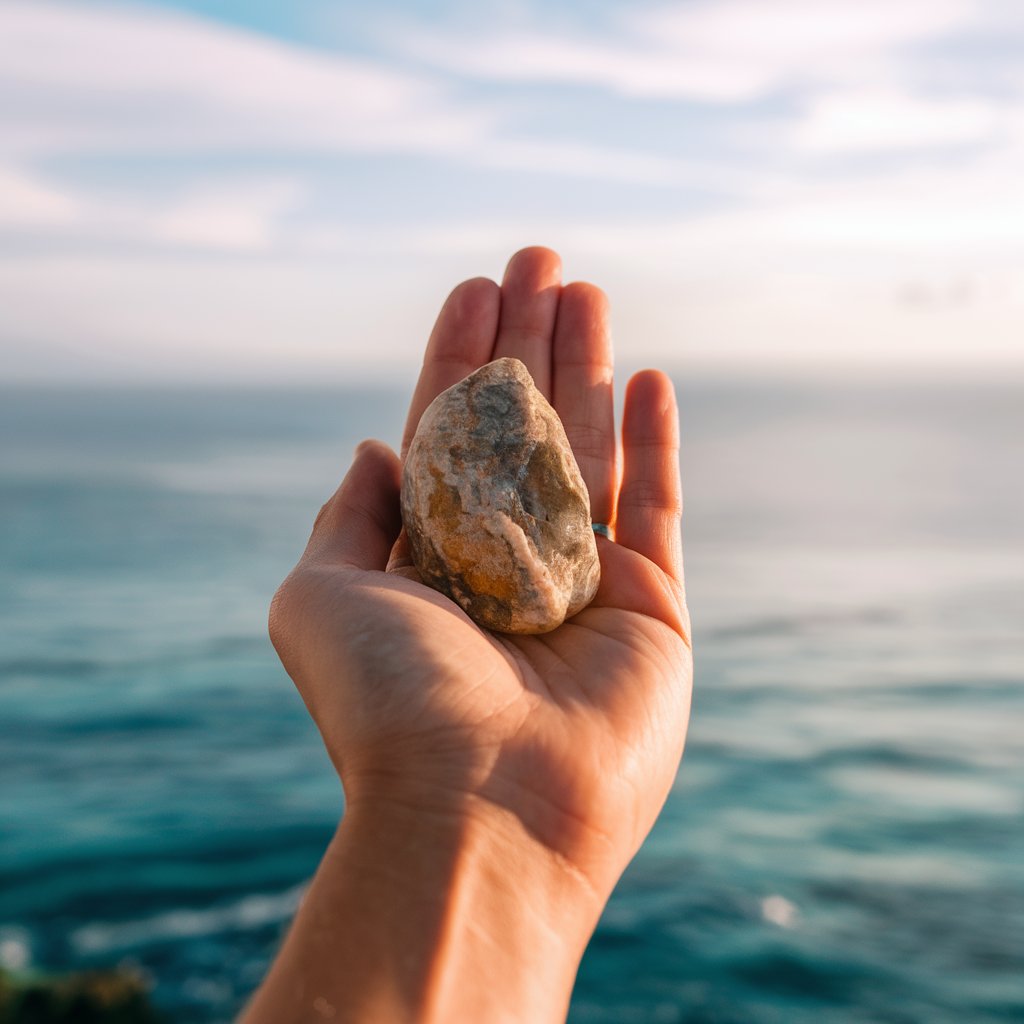 Hand holding a rock by the sea