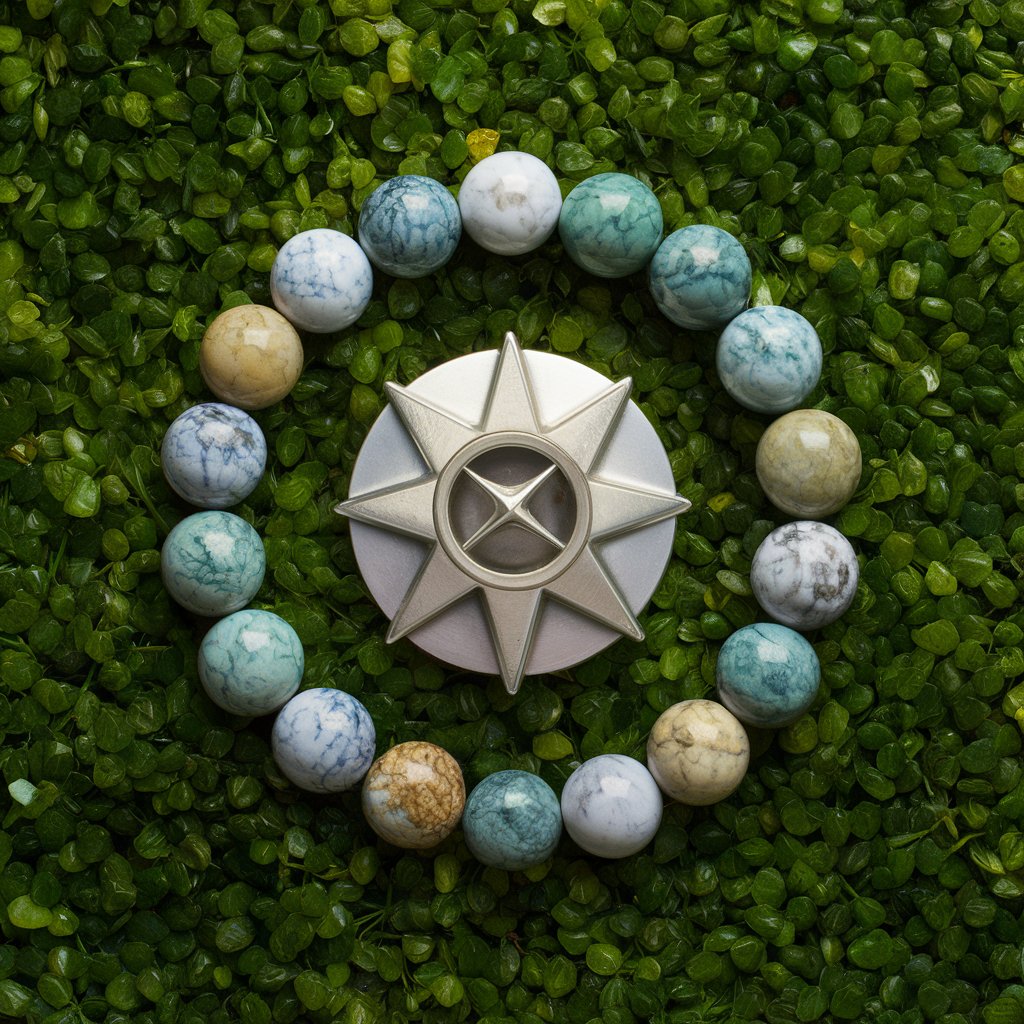 Marble bracelet around star symbol on green background.