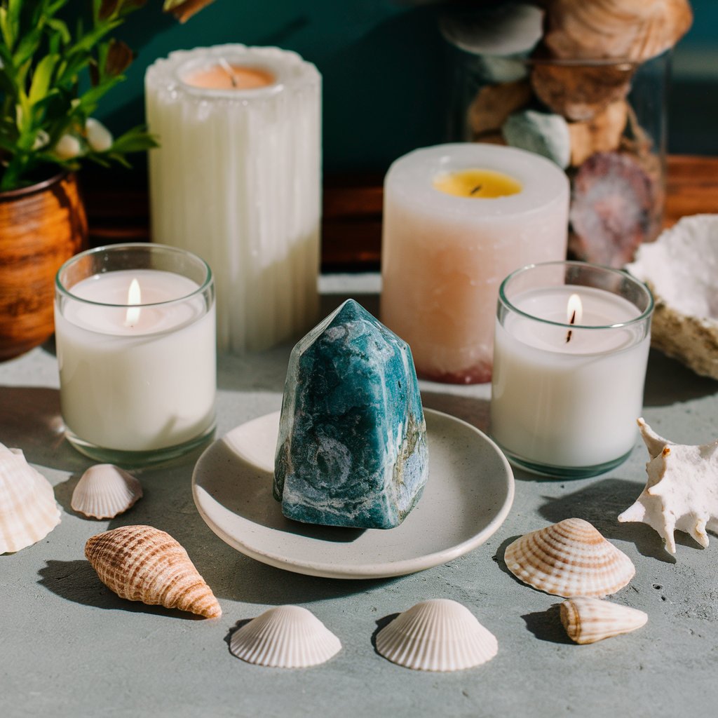 Candles, seashells, and a crystal on a table.