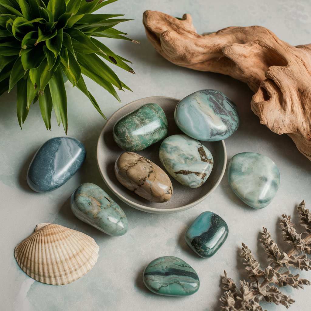 Decorative stones, shells, and green plant arrangement.