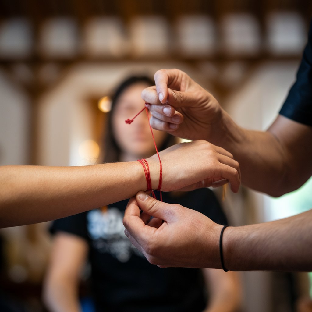 Tying red string bracelet on wrist