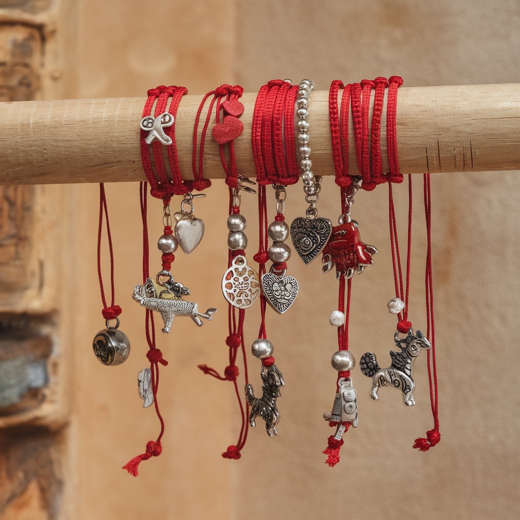 Red string bracelets with various charms.