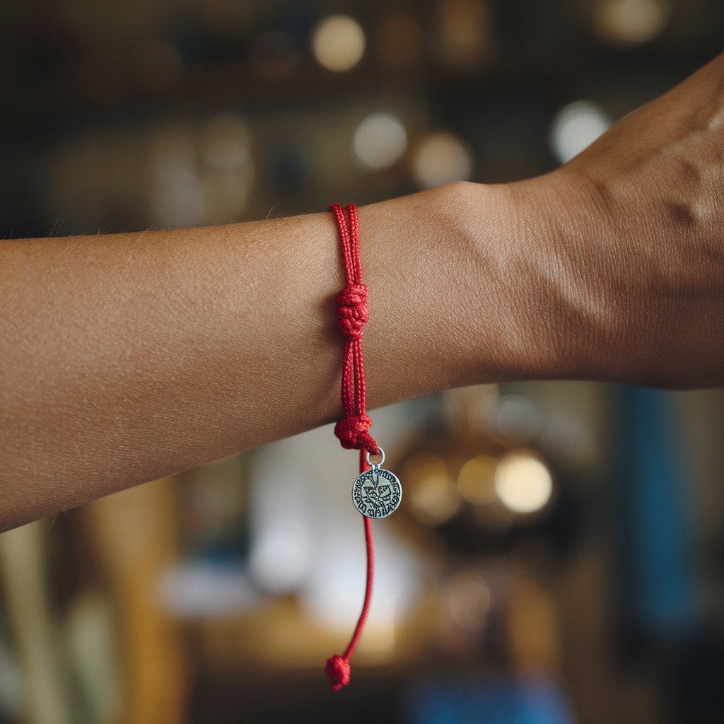 Red string bracelet with charm on wrist