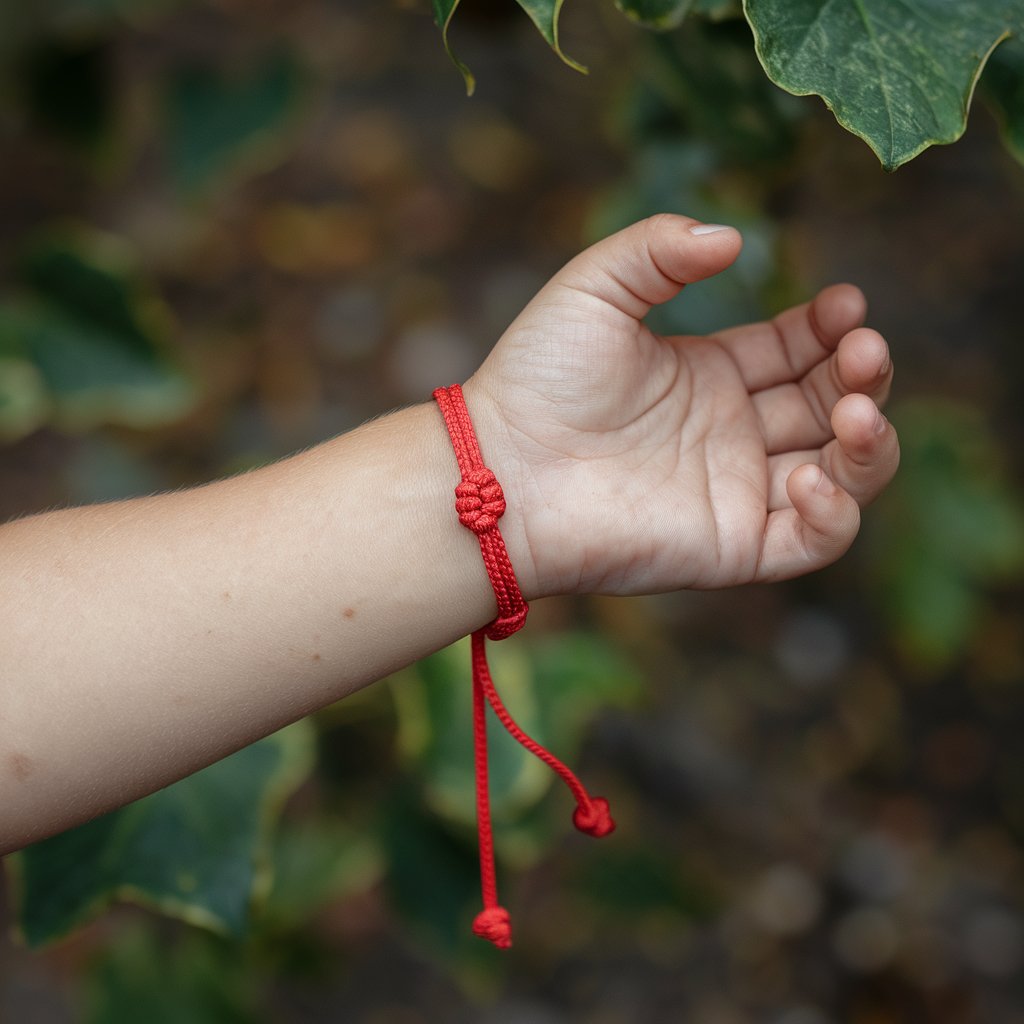 Child's hand wearing a red string bracelet.