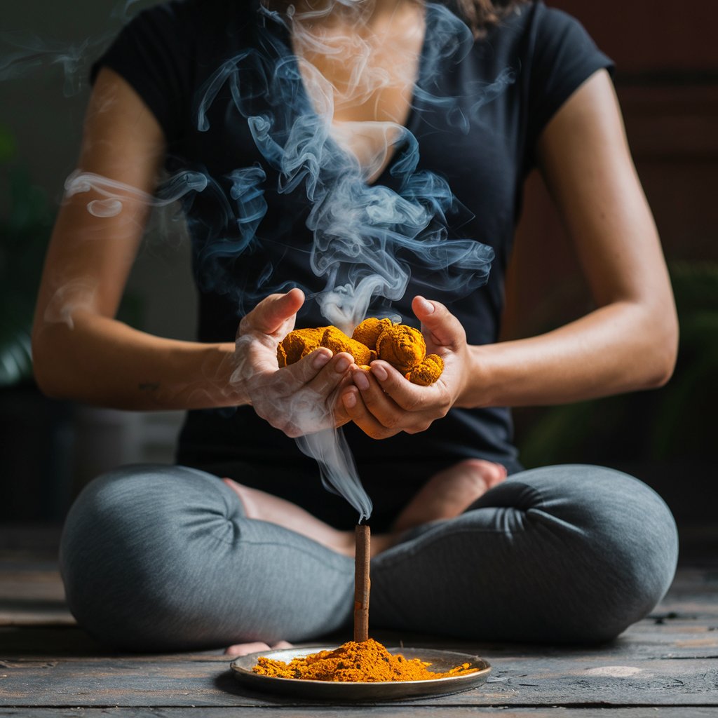 Woman meditating with incense and turmeric