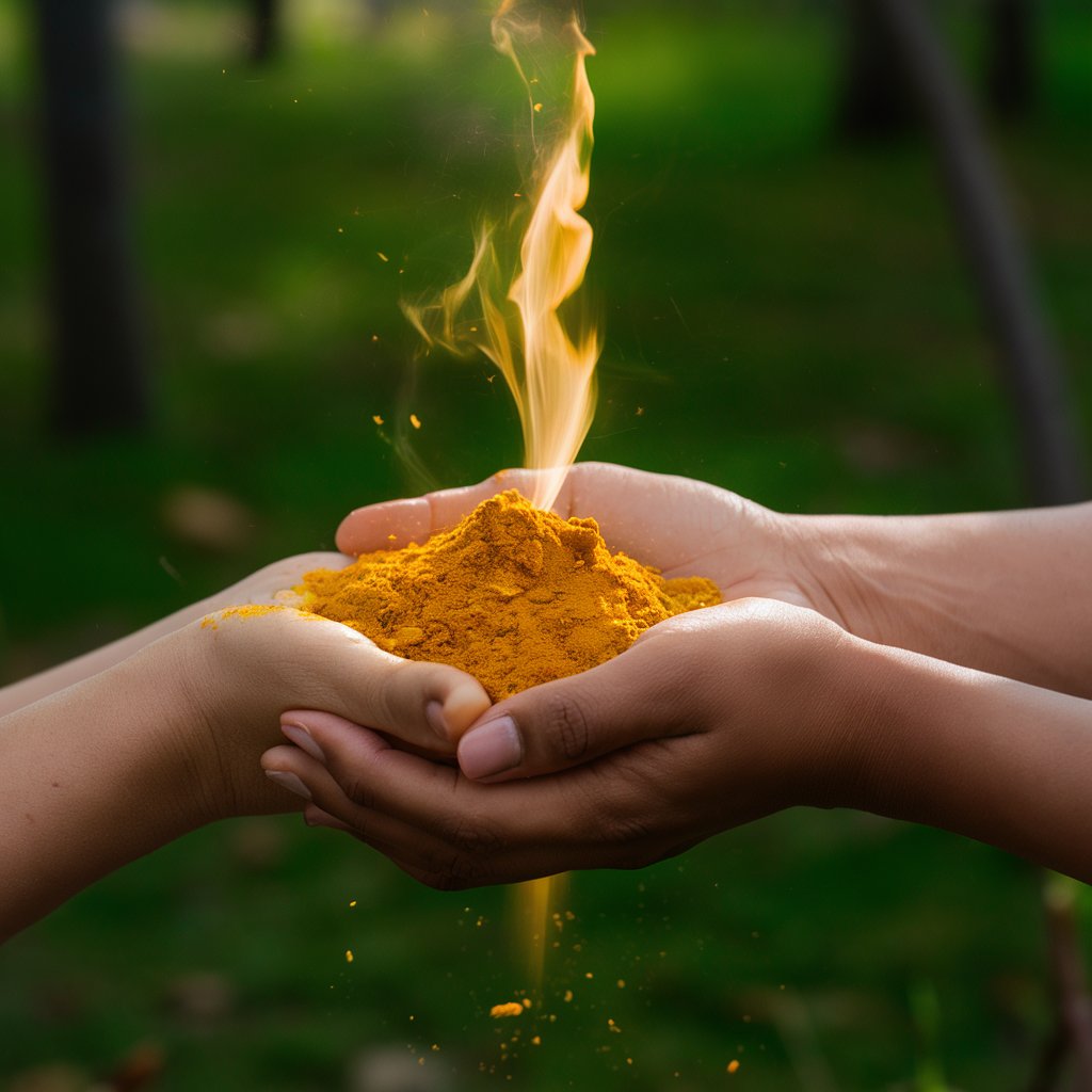 Hands holding turmeric powder with flame