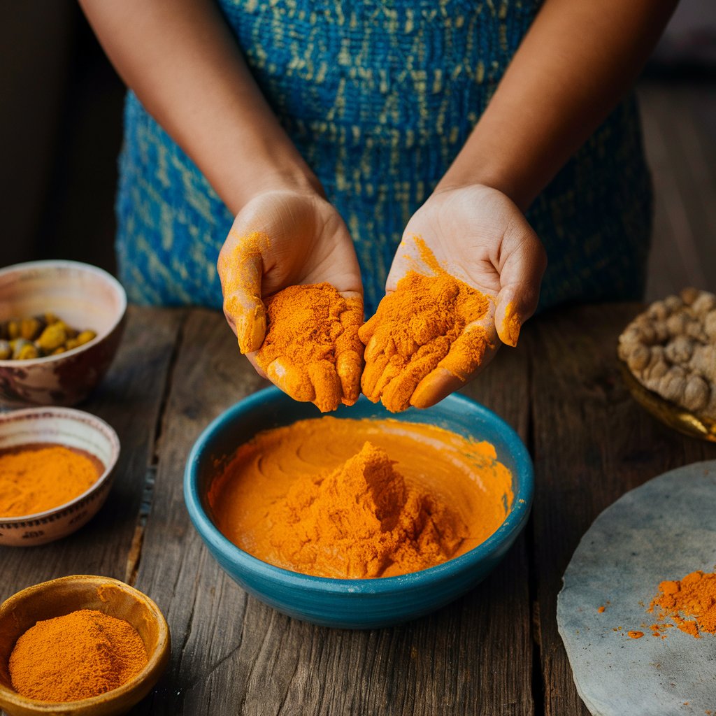 Hands holding turmeric powder over bowl