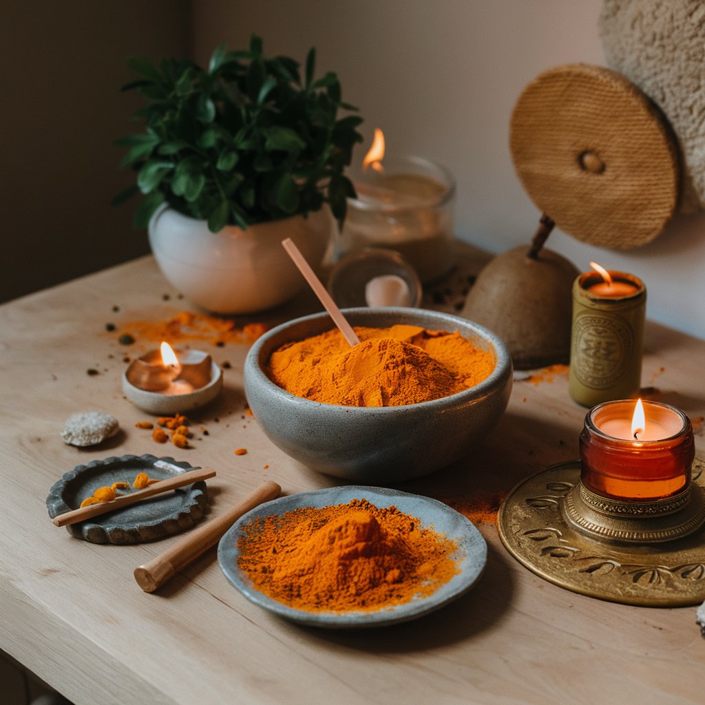 Turmeric powder in bowls with candles and plants