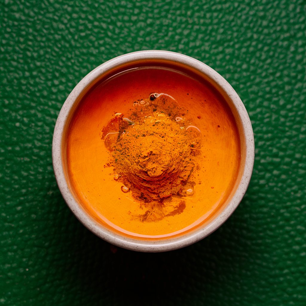 Bowl of turmeric powder on green background.