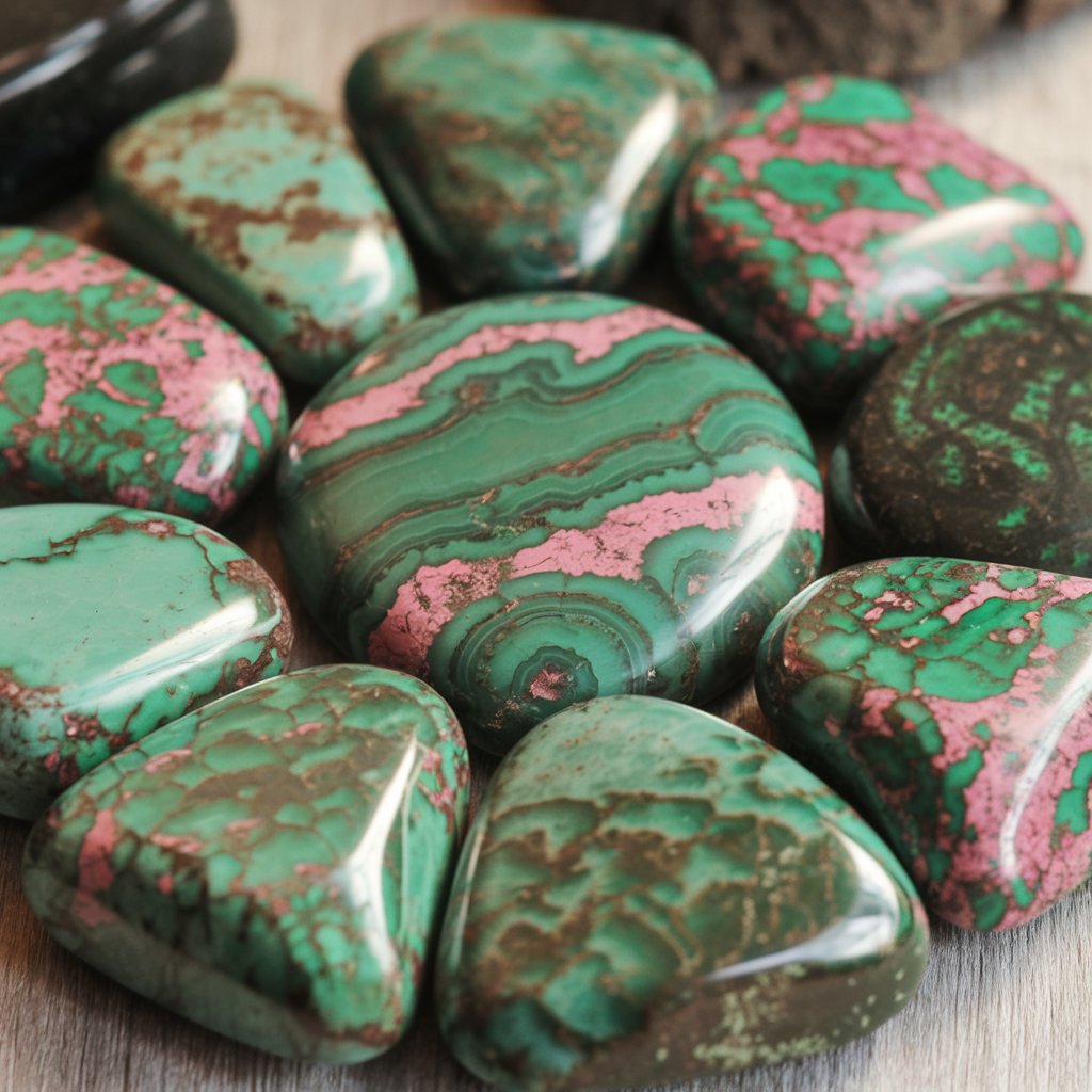 Polished green and pink gemstones