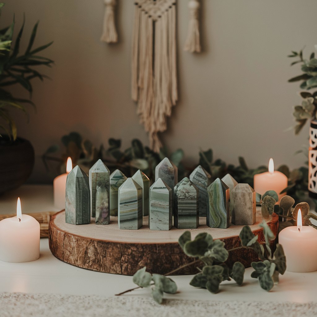 Green crystal towers with candles and plants