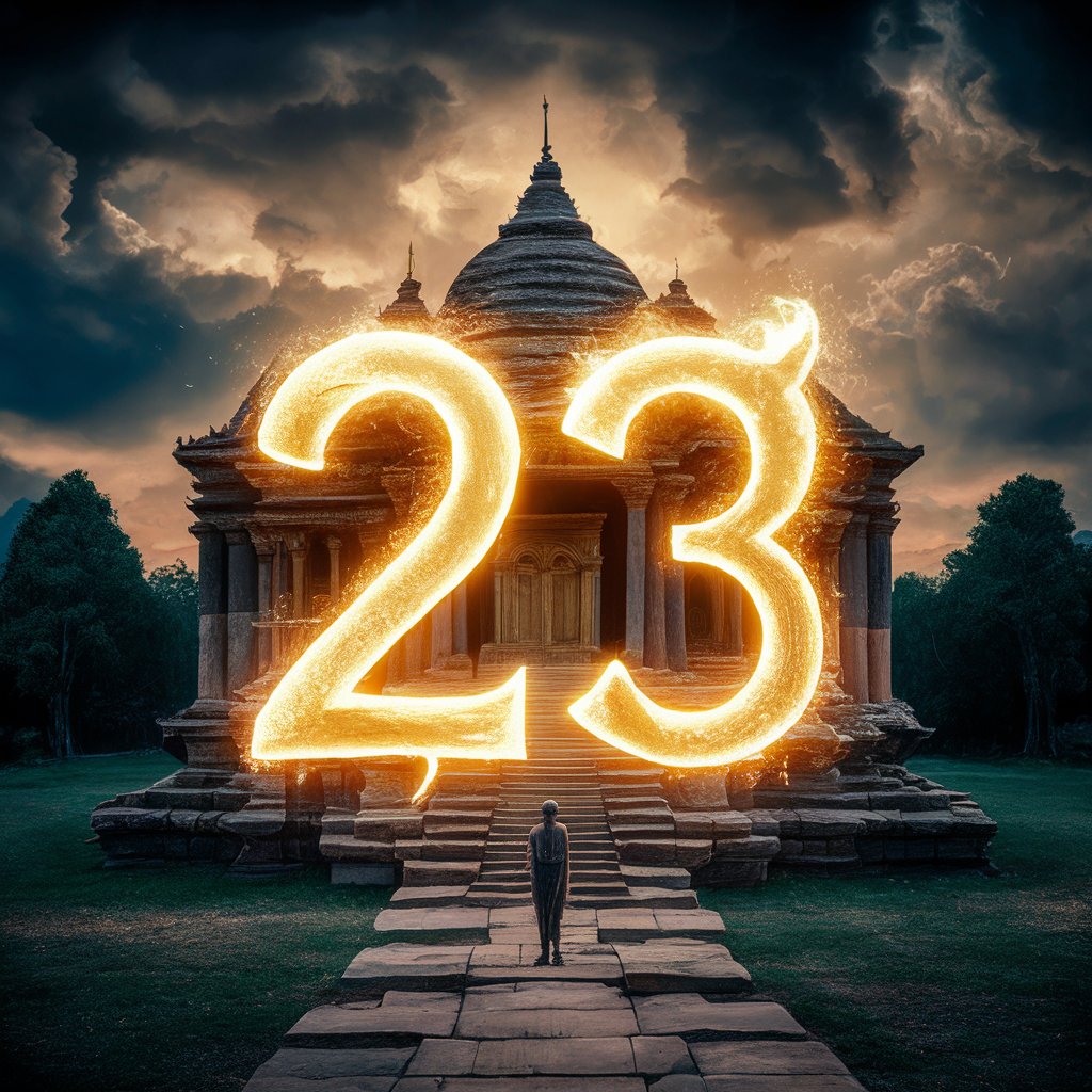 Glowing number 23 in front of ancient temple.