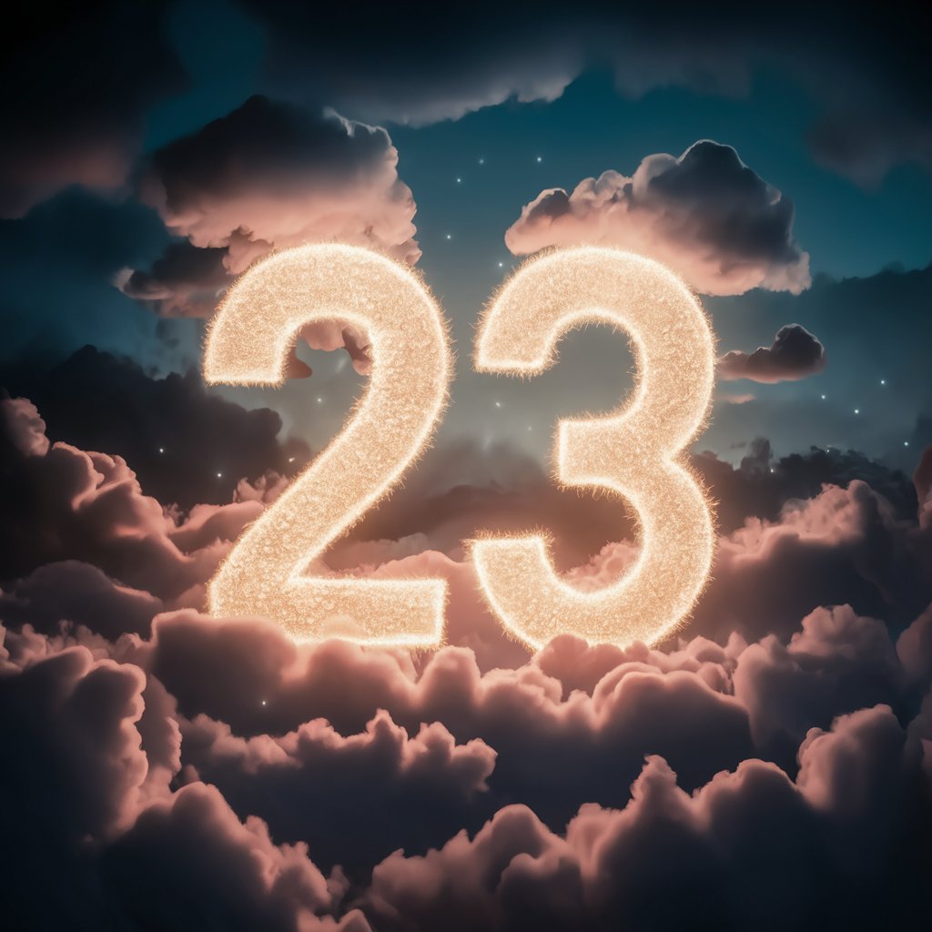 Number 23 glowing among clouds at night