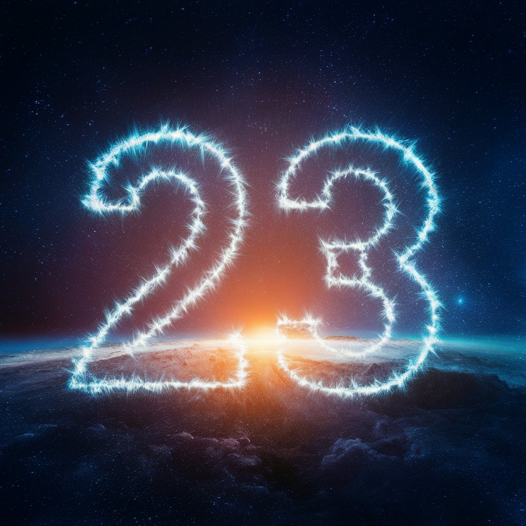 Glowing numbers 23 over sunrise and Earth