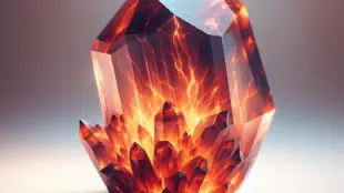 A close-up view of a Fire Quartz crystal, showcasing its vibrant hues of orange, brown, and red. The crystal glows intensely, highlighting its unique