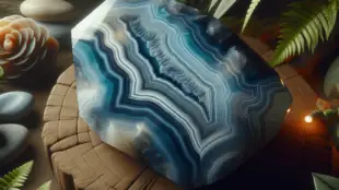 A stunning Orca Agate crystal showcasing shades of blue chalcedony with gray and white lines resembling ocean waves, resting on a natural wooden surfa