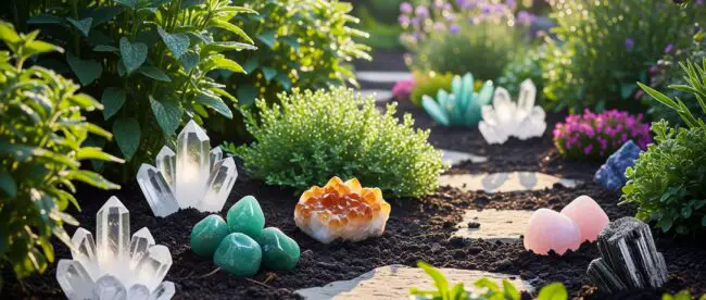 Garden path with colorful decorative crystals